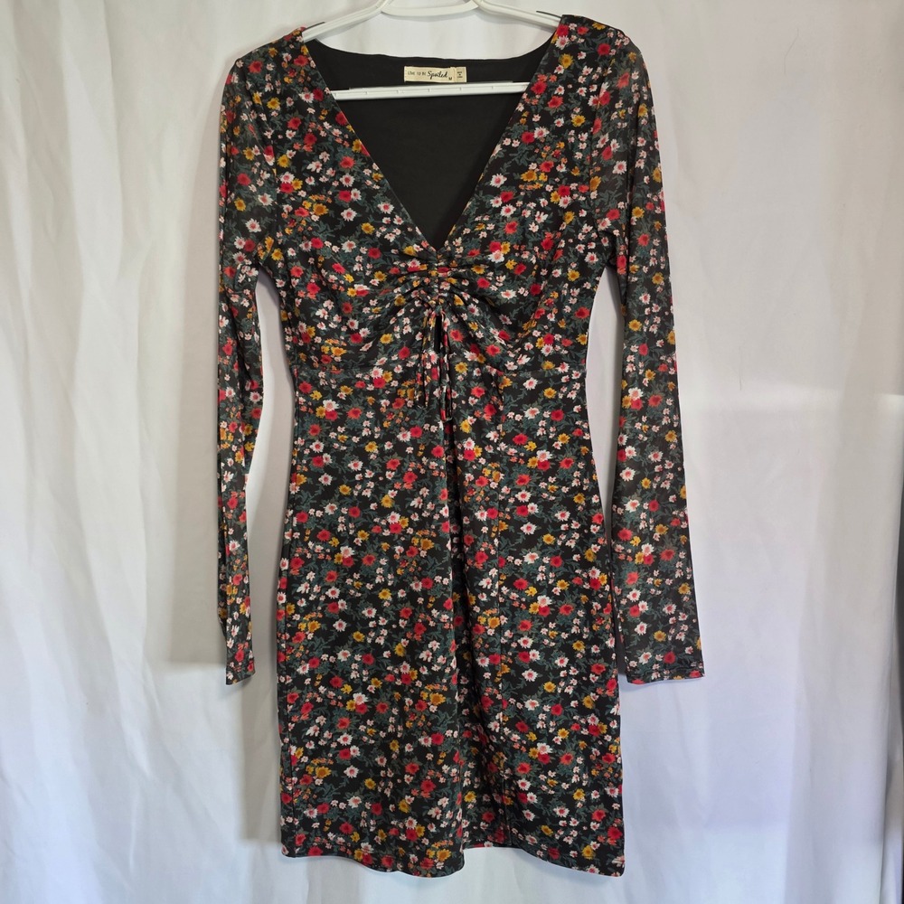 Floral Mesh Mini Dress Womens‎ Medium Black Excellent Ruched V-Neck 90s Style